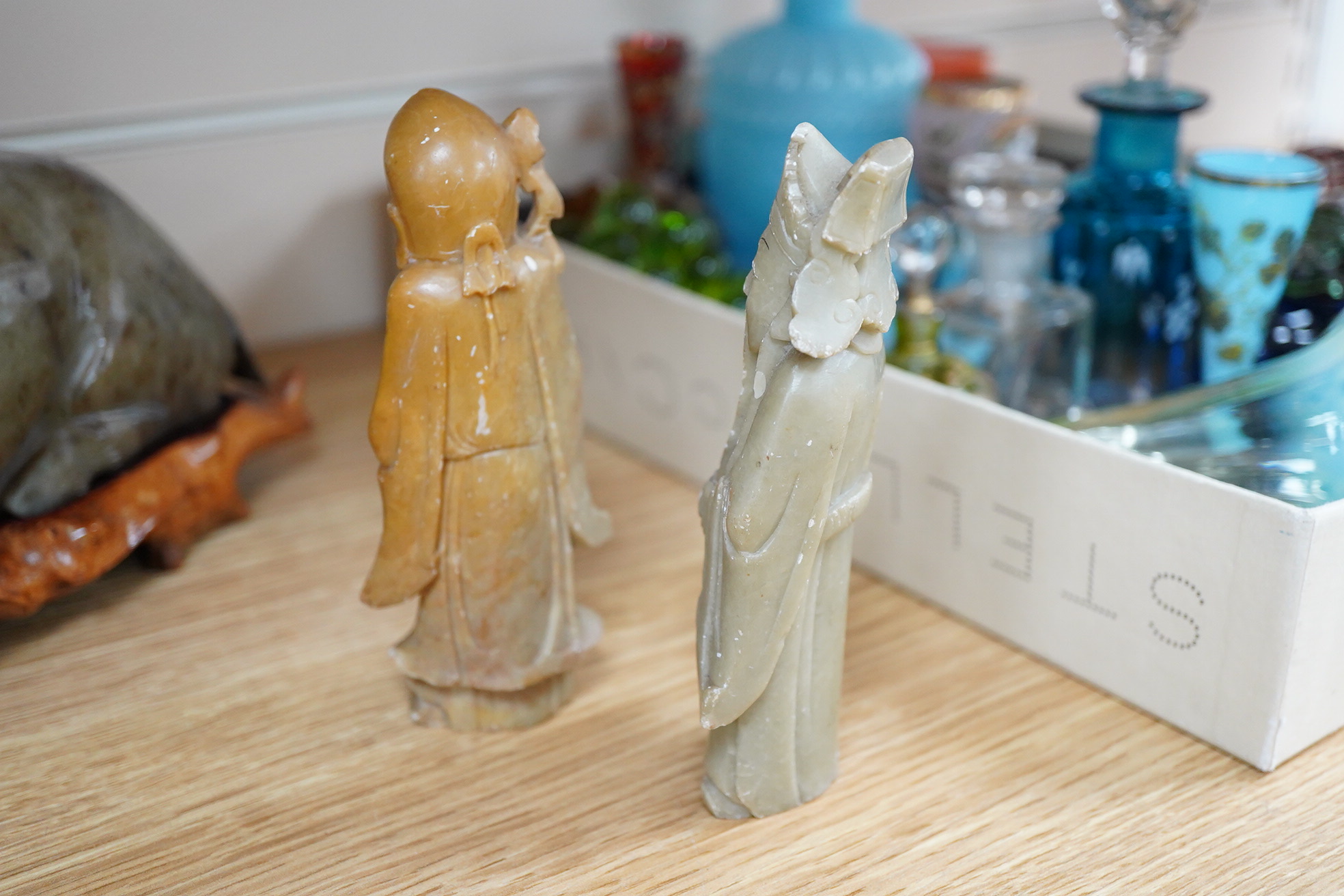 A group of Chinese collectables to include a soapstone carving of a ram, crackle glaze vase and figures of elders, largest 23cm wide